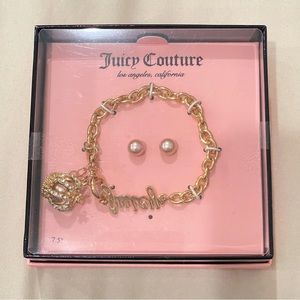 NEW Juicy Couture Gold Bracelet and‎ Earrings Rhinestone Crown and Pearl